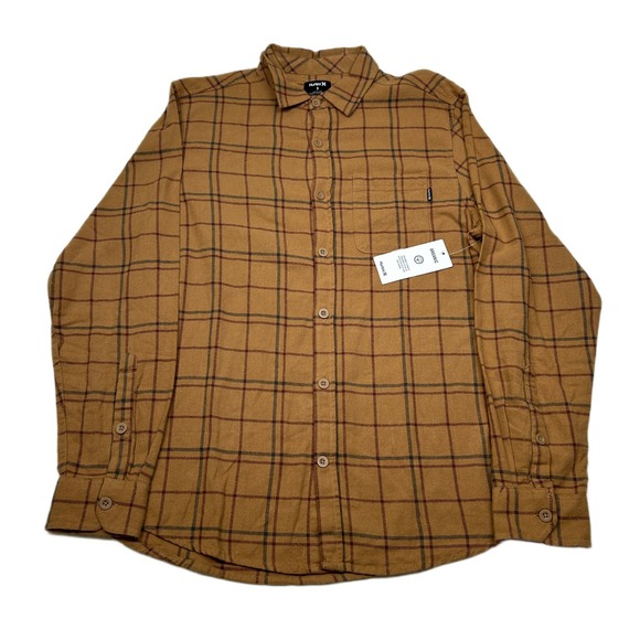 Hurley Other - Hurley Organic Flannel Shirt Mens Small Brown Plaid Button‎ Up Long Sleeve NEW